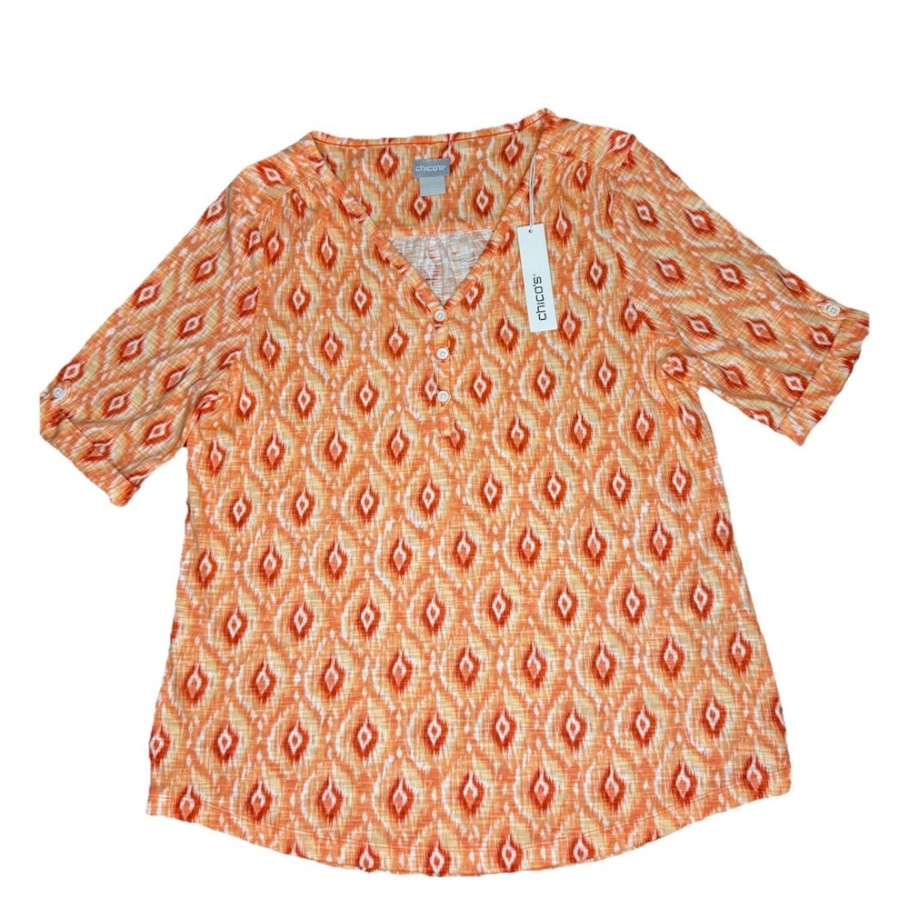 Chico's Top Women's M Orange Red White Geometric Abstract T Shirt Casual NWT